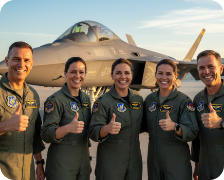 Five smiling military pilots in flight suits giving thumbs up in front of a fighter jet