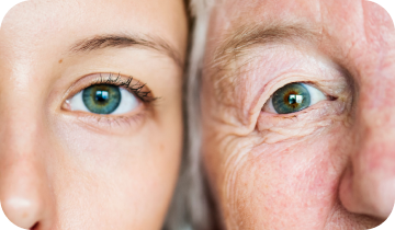 Close-up of a young eye next to an older eye, side by side